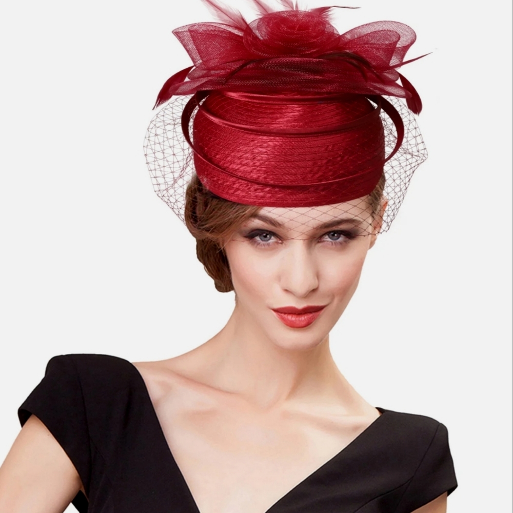 Elegant Deep Red Wine Braided Pillbox Exquisite Lace Veil and Tulle Flow…